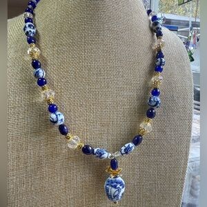 Chinese Export Beaded Necklace with Vintage Crystals, Blue Sapphires and Glass